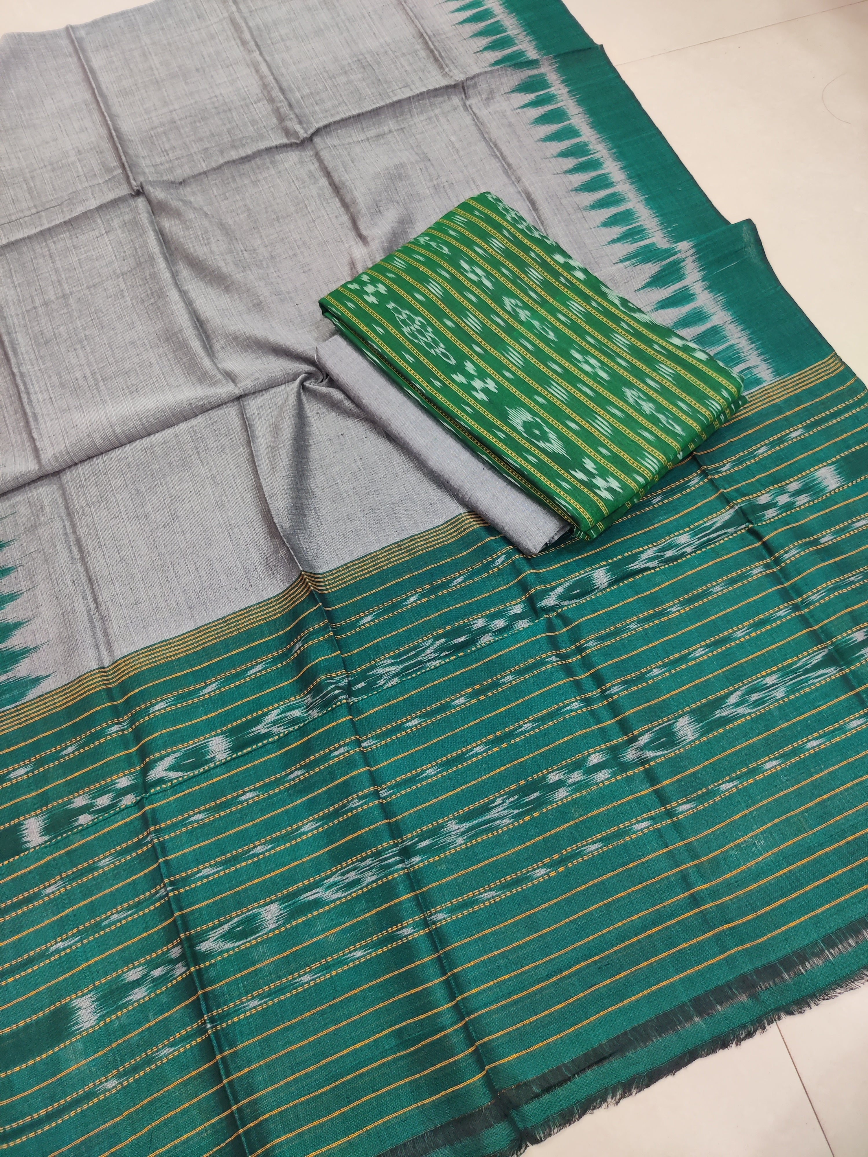 GREEN- 3PC UNSTITCHED SAMBALPURI IKAT HANDLOOM COTTON SUIT – 04