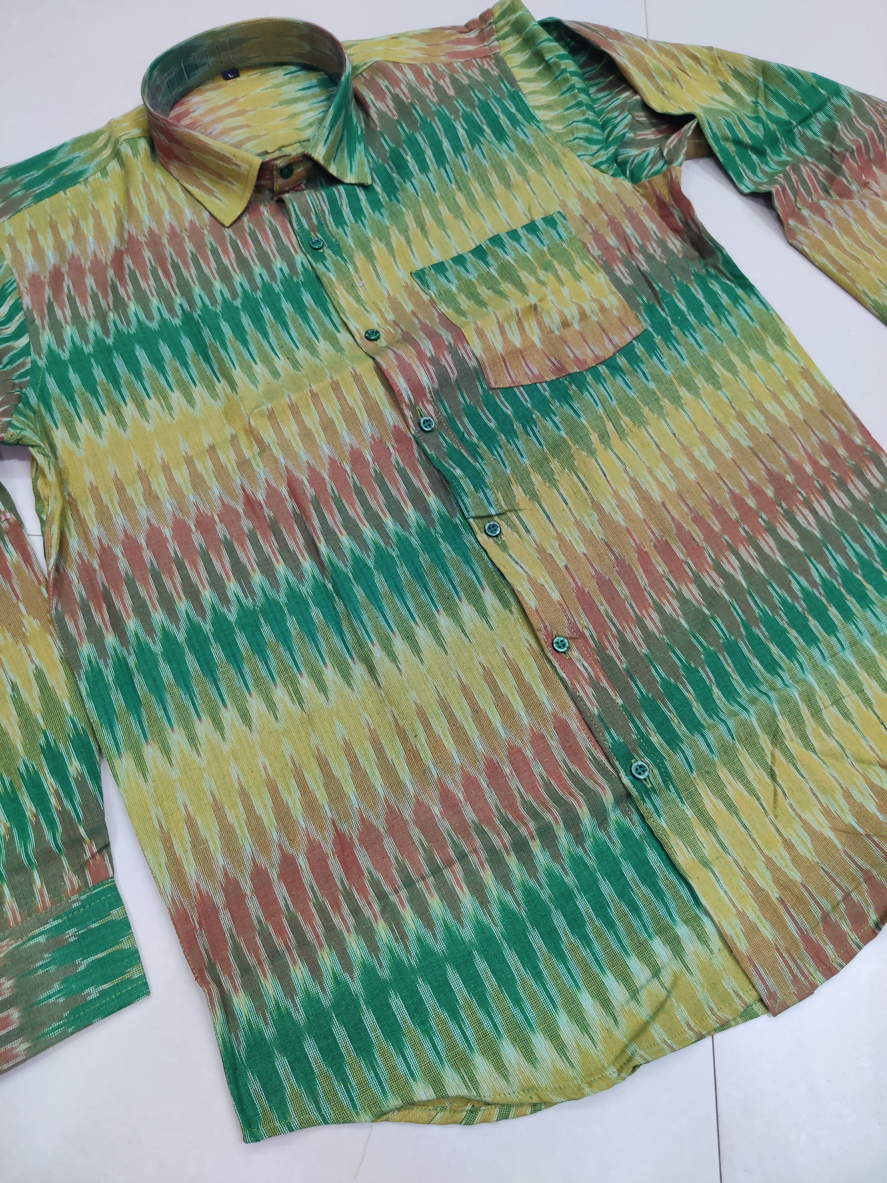 GREEN - FULL SLEEVE COTTON MEN POCHAMPALLY IKAT SHIRT 11