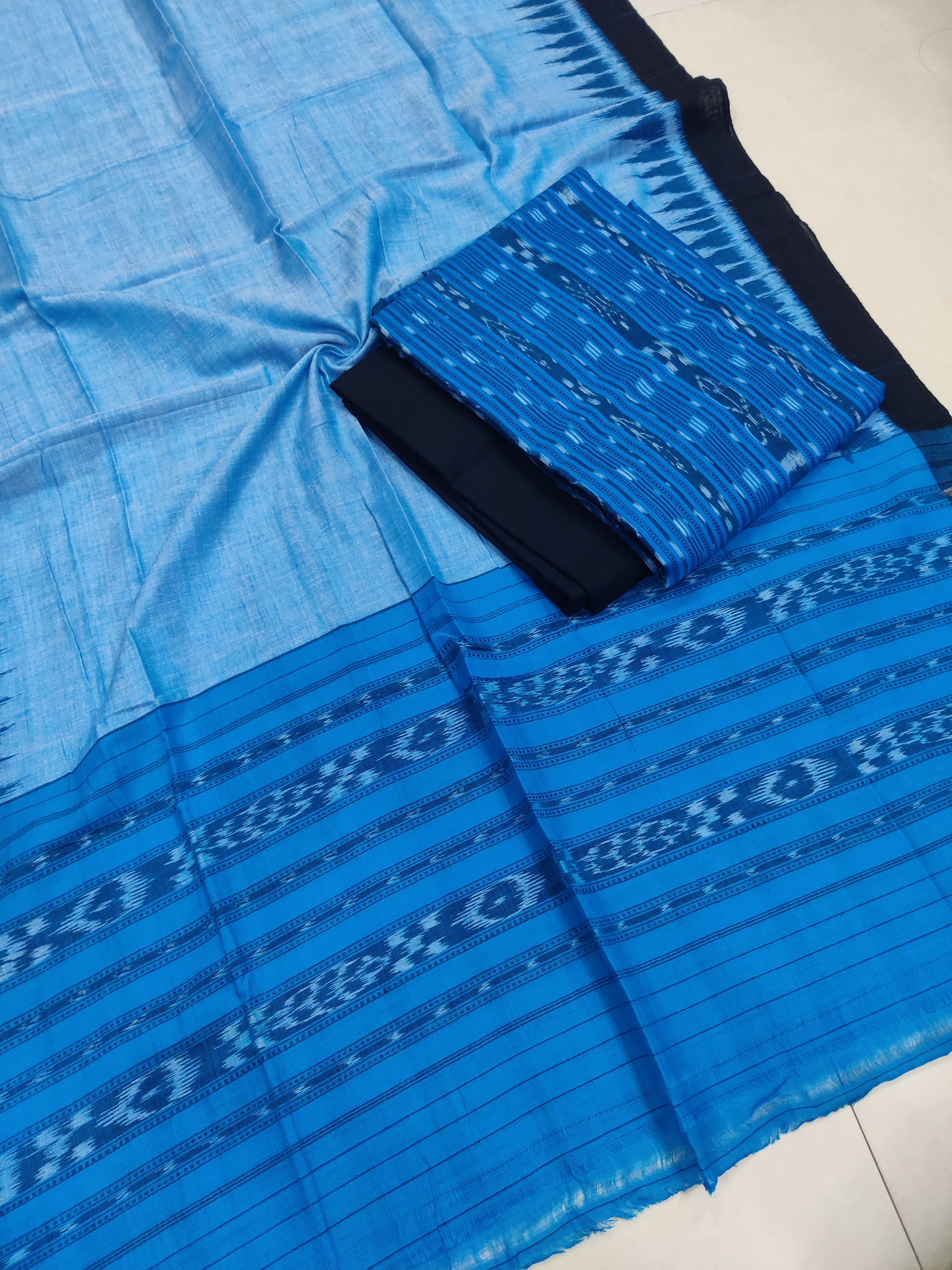 SKYBLUE- 3PC UNSTITCHED SAMBALPURI IKAT HANDLOOM COTTON SUIT – 06